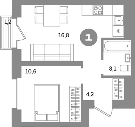 Планировка — Метроном, 1-комн., 35 м²