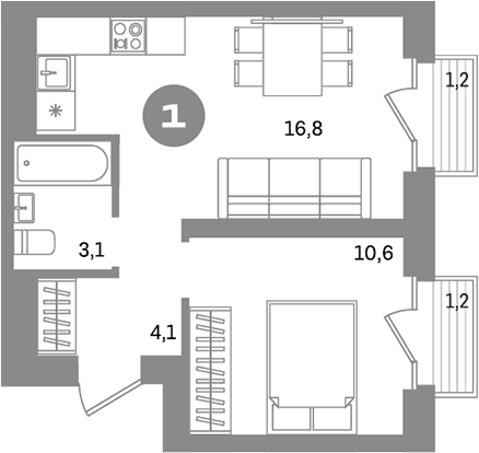 Планировка — Метроном, 1-комн., 35 м²