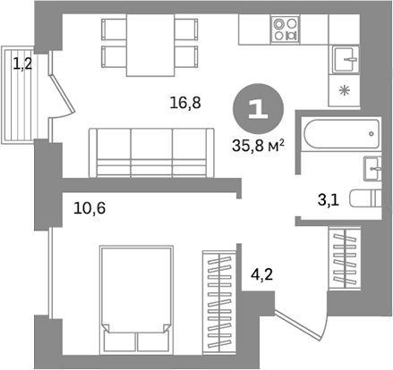 Планировка — Метроном, 1-комн., 35 м²