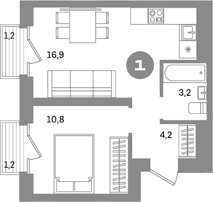 Планировка — Метроном, 1-комн., 35 м²