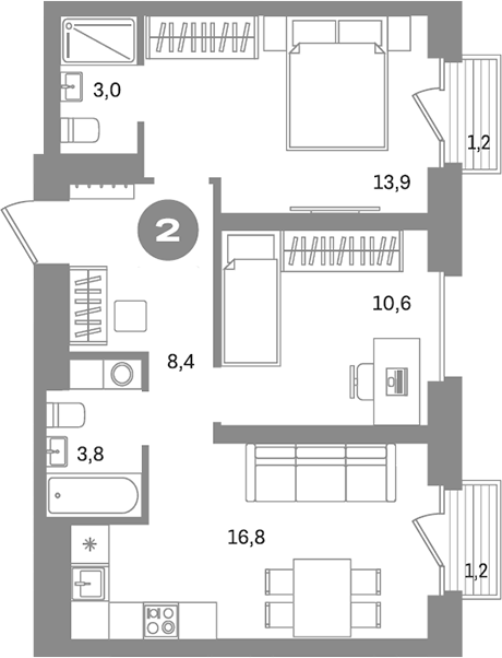 Планировка — Метроном, 2-комн., 56 м²