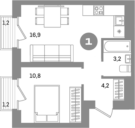 Планировка — Метроном, 1-комн., 35 м²