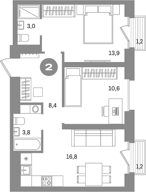 Планировка — Метроном, 2-комн., 56 м²