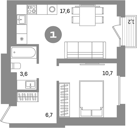 Планировка — Метроном, 1-комн., 38 м²