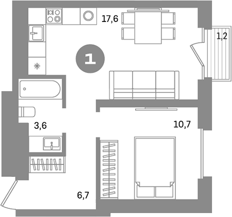 Планировка — Метроном, 1-комн., 38 м²
