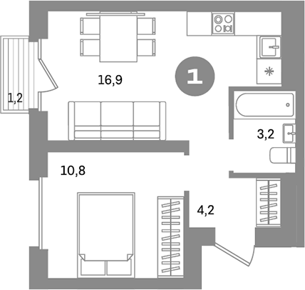 Планировка — Метроном, 1-комн., 35 м²