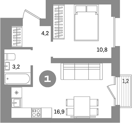Планировка — Метроном, 1-комн., 35 м²