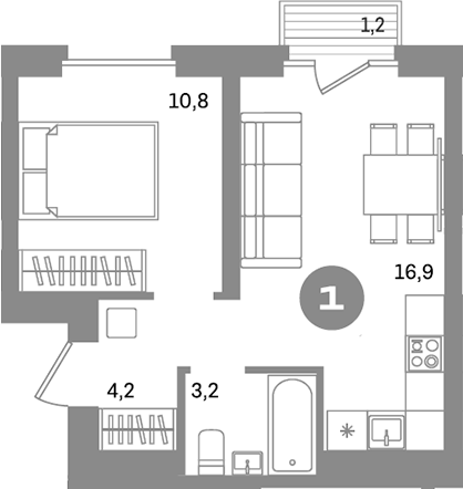 Планировка — Метроном, 1-комн., 35 м²