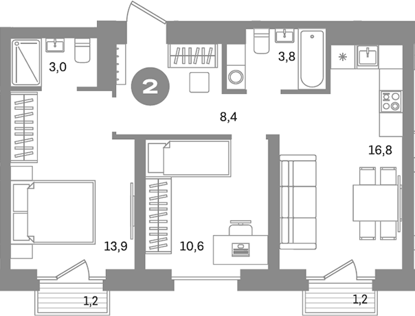 Планировка — Метроном, 2-комн., 56 м²
