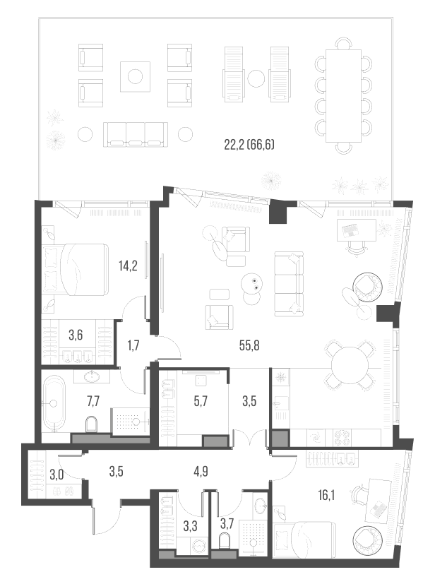Планировка — Хай Лайф, 3-комн., 127 м²