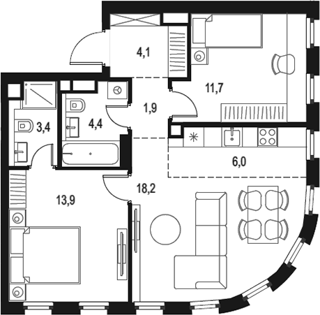 Планировка — Левел Нижегородская, 3-комн., 64 м²