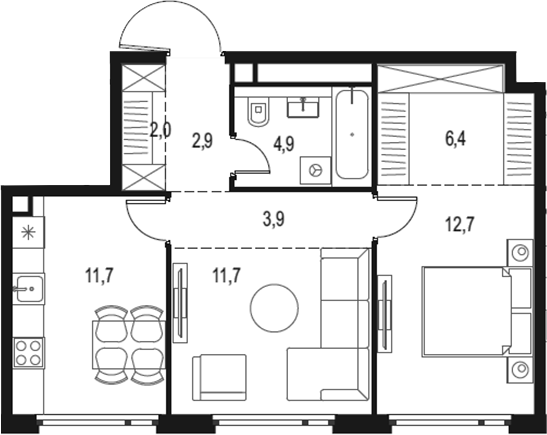 Планировка — Левел Нижегородская, 2-комн., 56 м²