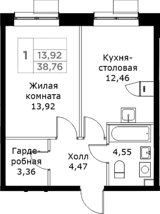 Планировка — КИТ, 1-комн., 39 м²