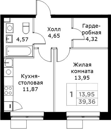 Планировка — КИТ, 1-комн., 39 м²