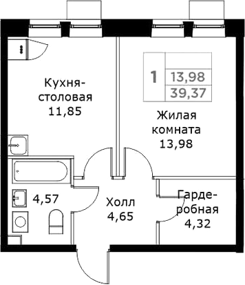 Планировка — КИТ, 1-комн., 39 м²
