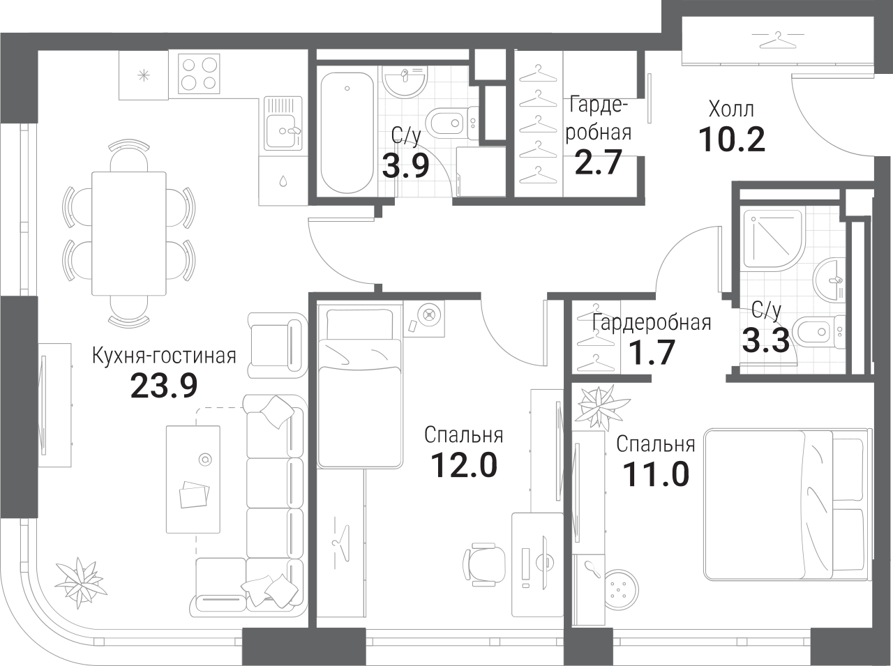 Планировка — Nagatino i-Land, 3-комн., 68 м²