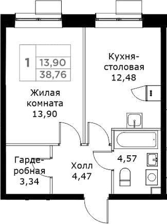Планировка — КИТ, 1-комн., 39 м²