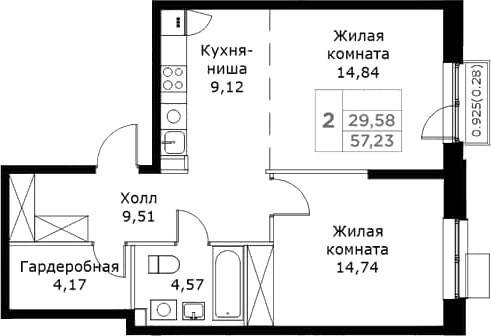 Планировка — КИТ, 2-комн., 57 м²