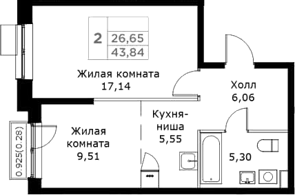 Планировка — КИТ, 2-комн., 44 м²