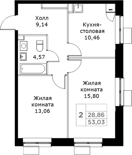 Планировка — КИТ, 2-комн., 53 м²