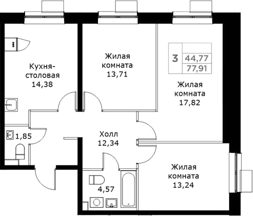 Планировка — КИТ, 3-комн., 78 м²