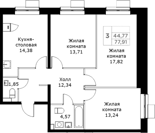 Планировка — КИТ, 3-комн., 78 м²