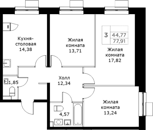 Планировка — КИТ, 3-комн., 78 м²