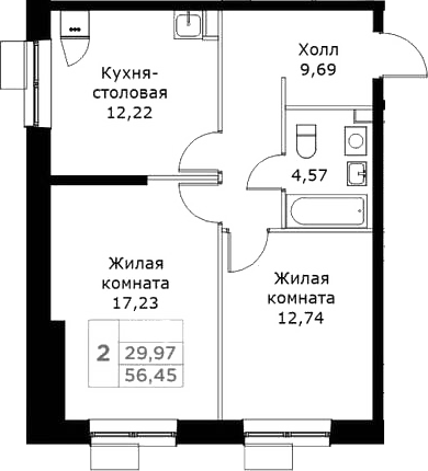 Планировка — КИТ, 2-комн., 56 м²