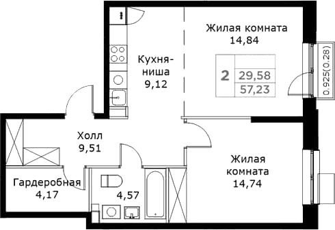 Планировка — КИТ, 2-комн., 57 м²