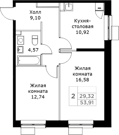 Планировка — КИТ, 2-комн., 54 м²