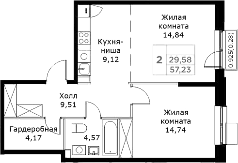 Планировка — КИТ, 2-комн., 57 м²