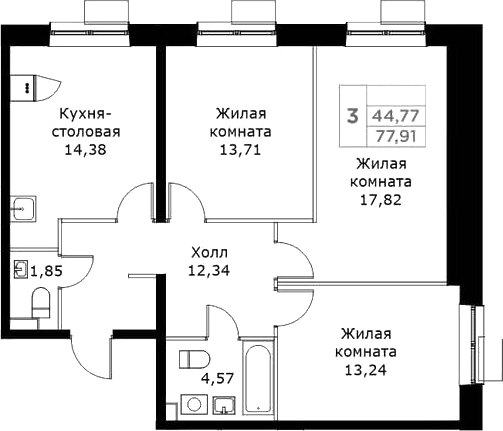 Планировка — КИТ, 3-комн., 78 м²
