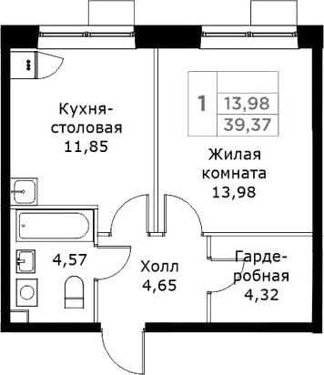 Планировка — КИТ, 1-комн., 39 м²
