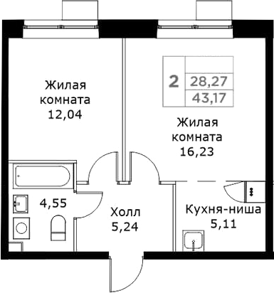 Планировка — КИТ, 2-комн., 43 м²