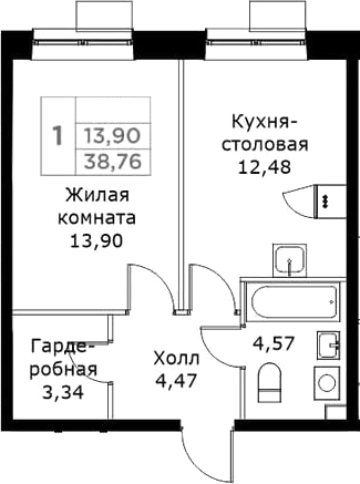 Планировка — КИТ, 1-комн., 39 м²