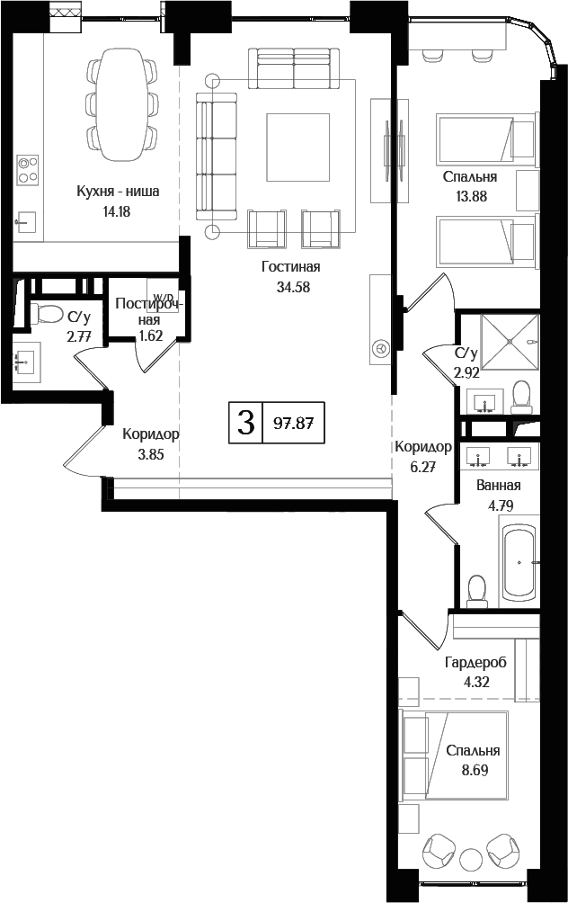 Планировка — Преображенская площадь, 3-комн., 98 м²