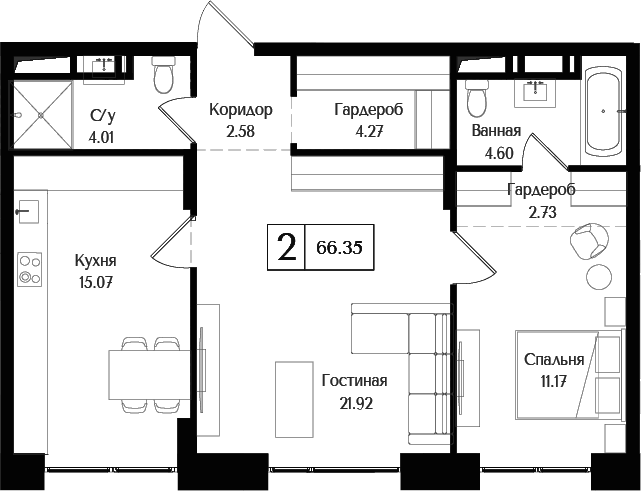Планировка — Преображенская площадь, 2-комн., 66 м²