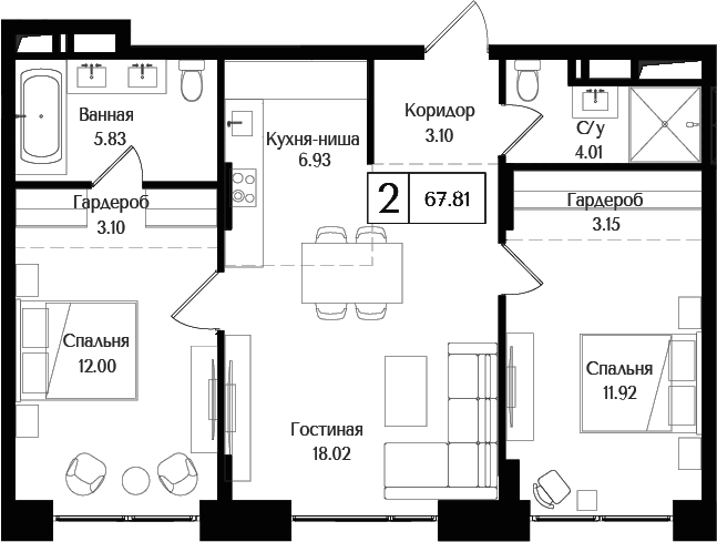 Планировка — Преображенская площадь, 3-комн., 68 м²