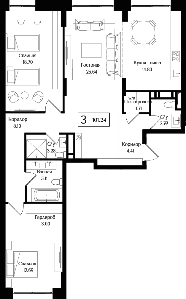 Планировка — Преображенская площадь, 3-комн., 101 м²