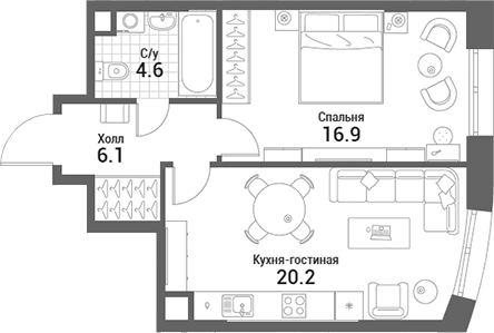 Планировка — Nagatino i-Land, 2-комн., 48 м²
