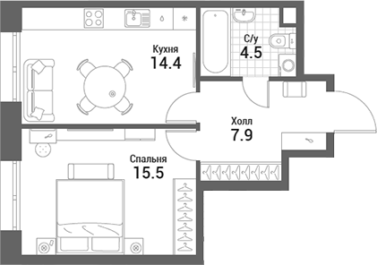 Планировка — Nagatino i-Land, 1-комн., 42 м²