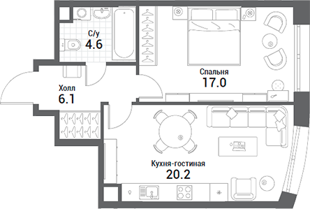 Планировка — Nagatino i-Land, 2-комн., 48 м²