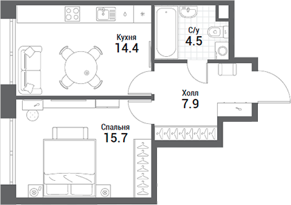 Планировка — Nagatino i-Land, 1-комн., 43 м²