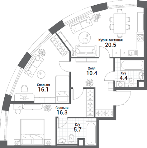 Планировка — Nagatino i-Land, 3-комн., 73 м²