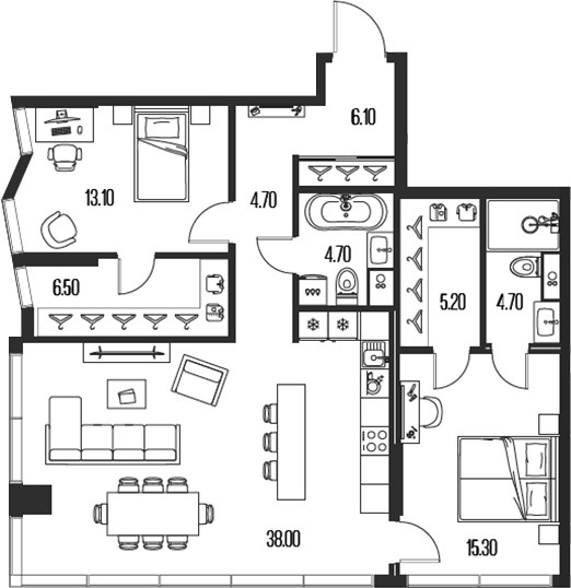Планировка — Северный Порт, 3-комн., 98 м²