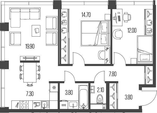 Планировка — Северный Порт, 3-комн., 71 м²