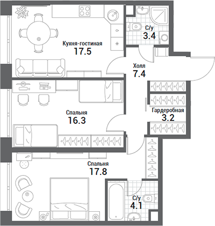 Планировка — Nagatino i-Land, 3-комн., 70 м²