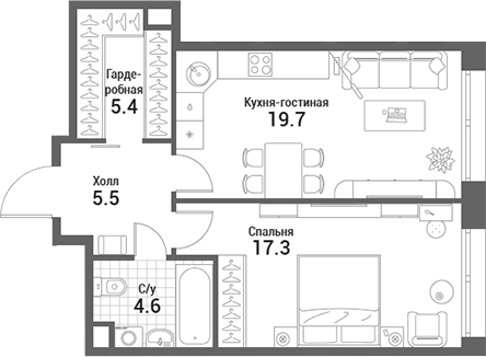 Планировка — Nagatino i-Land, 2-комн., 53 м²