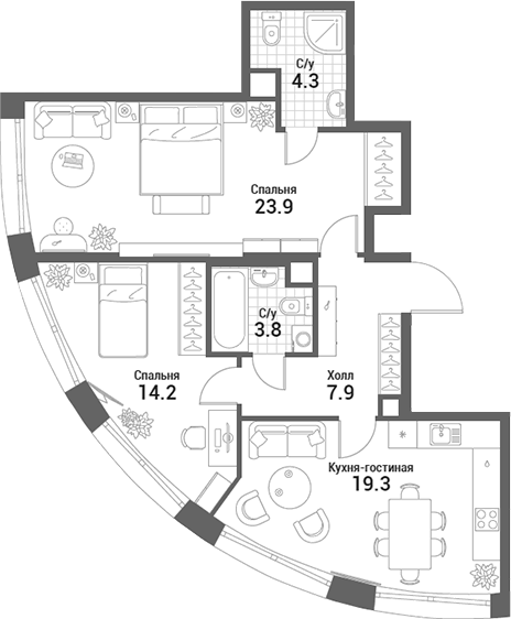 Планировка — Nagatino i-Land, 3-комн., 73 м²