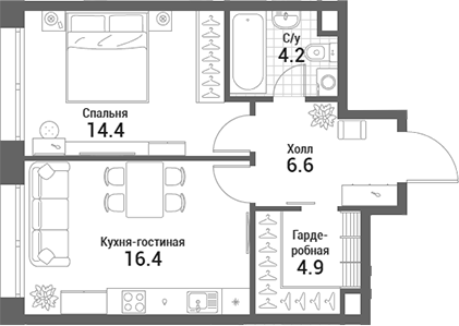 Планировка — Nagatino i-Land, 2-комн., 47 м²